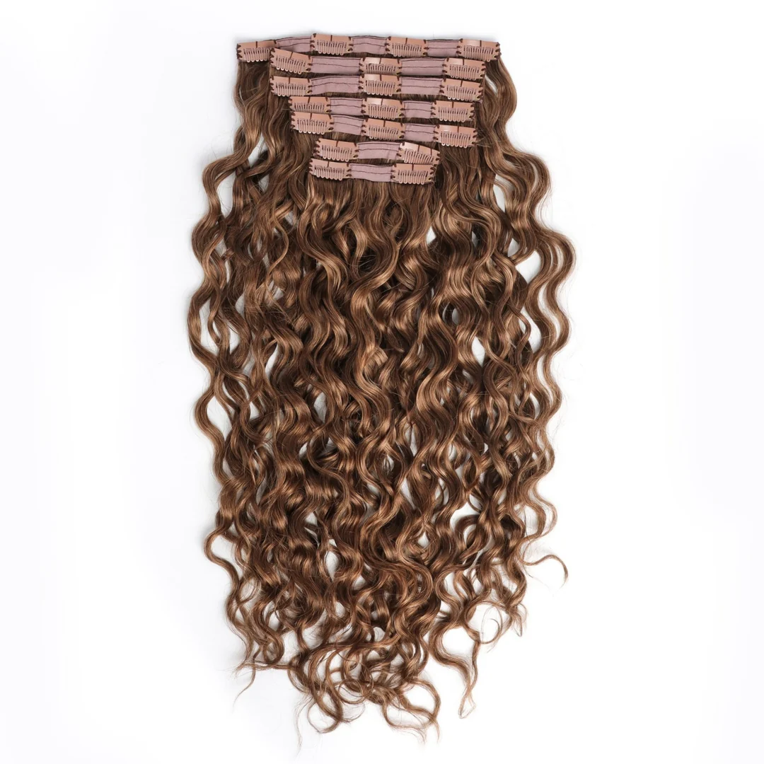 Wavy Curly Chocolate Brown + Dark Blonde Balayage Classic Clip-Ins - Image 3
