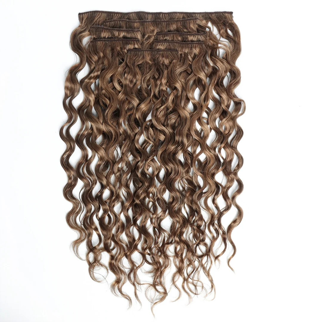 Wavy Curly Chocolate Brown + Dark Blonde Balayage Classic Clip-Ins - Image 5